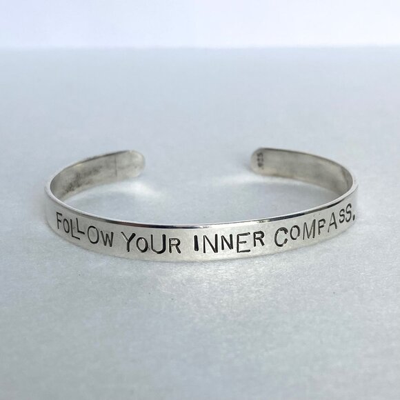 Sterling Silver 925 Stamped “Follow Your Inner Compass” Oval Cuff Bracelet 6.75" - Picture 3 of 16